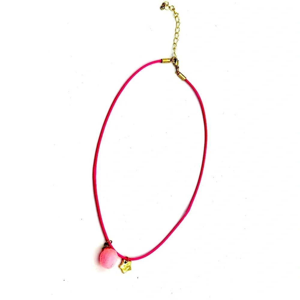Elegant Hot Pink Cord Necklace with Gold Charm and Soft Pink Puff Charm